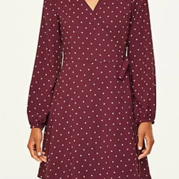 Loft outlet burgundy polka dot wrap dress Sz 00P Long Sleeve